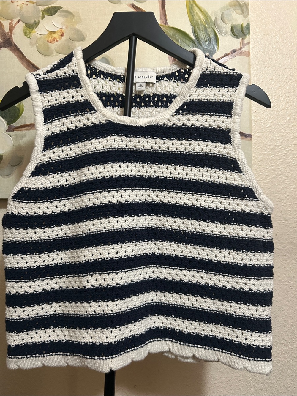 Free Assembly Navy & White Striped Crochet Crop Tank